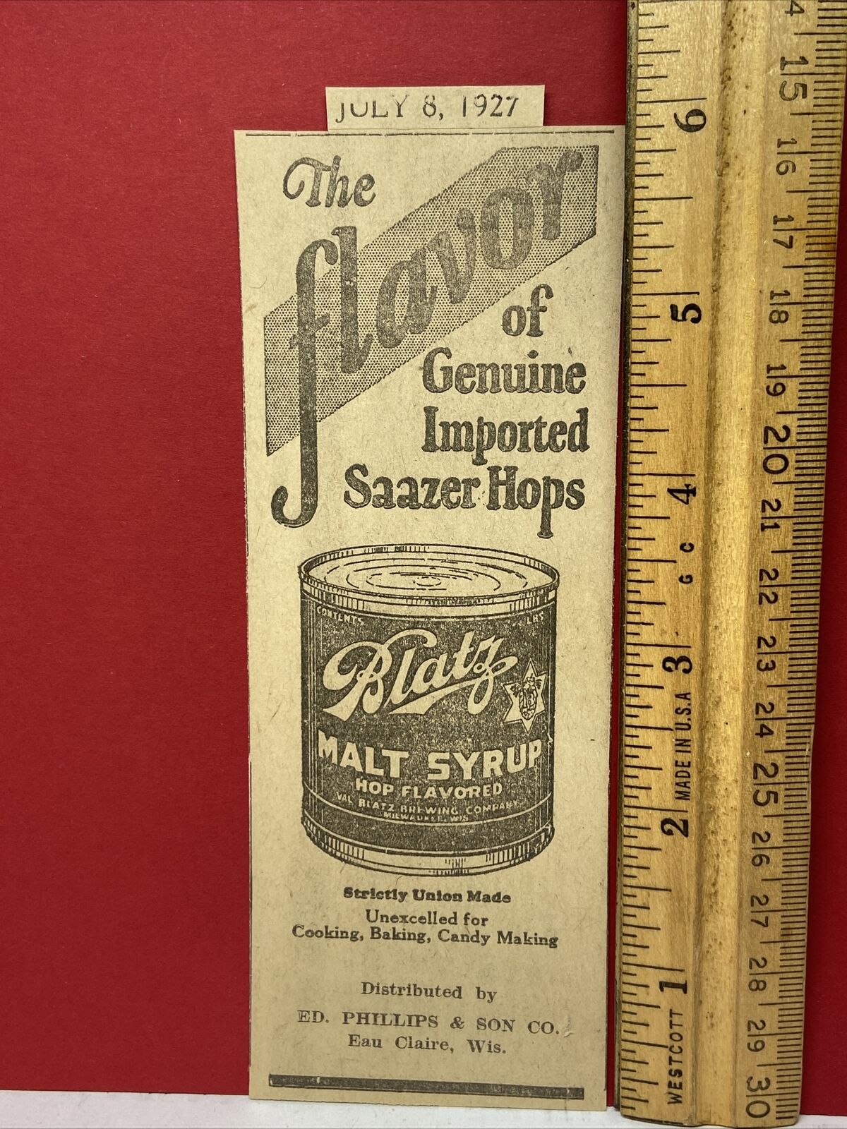 Old 1927 Advertising Ad Blatz Beer Malt Syrup Dealer Eau Claire Milwaukee Wi Wis