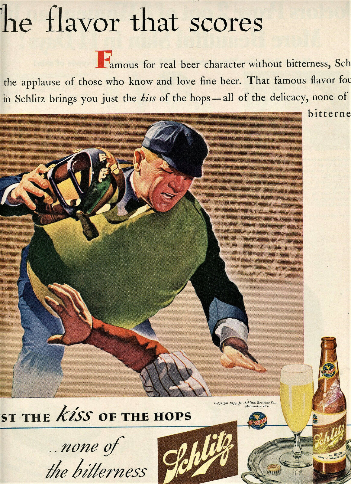 1944 Original Schlitz Beer Big Page Color Ad. Umpire Close Call At The Plate