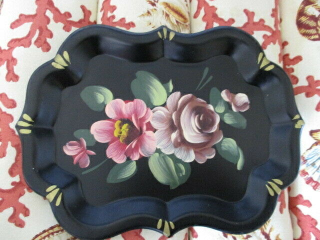Country Cottage Hand Painted Pink Roses Dresser Jewelry Perfume Pin Tole Tray