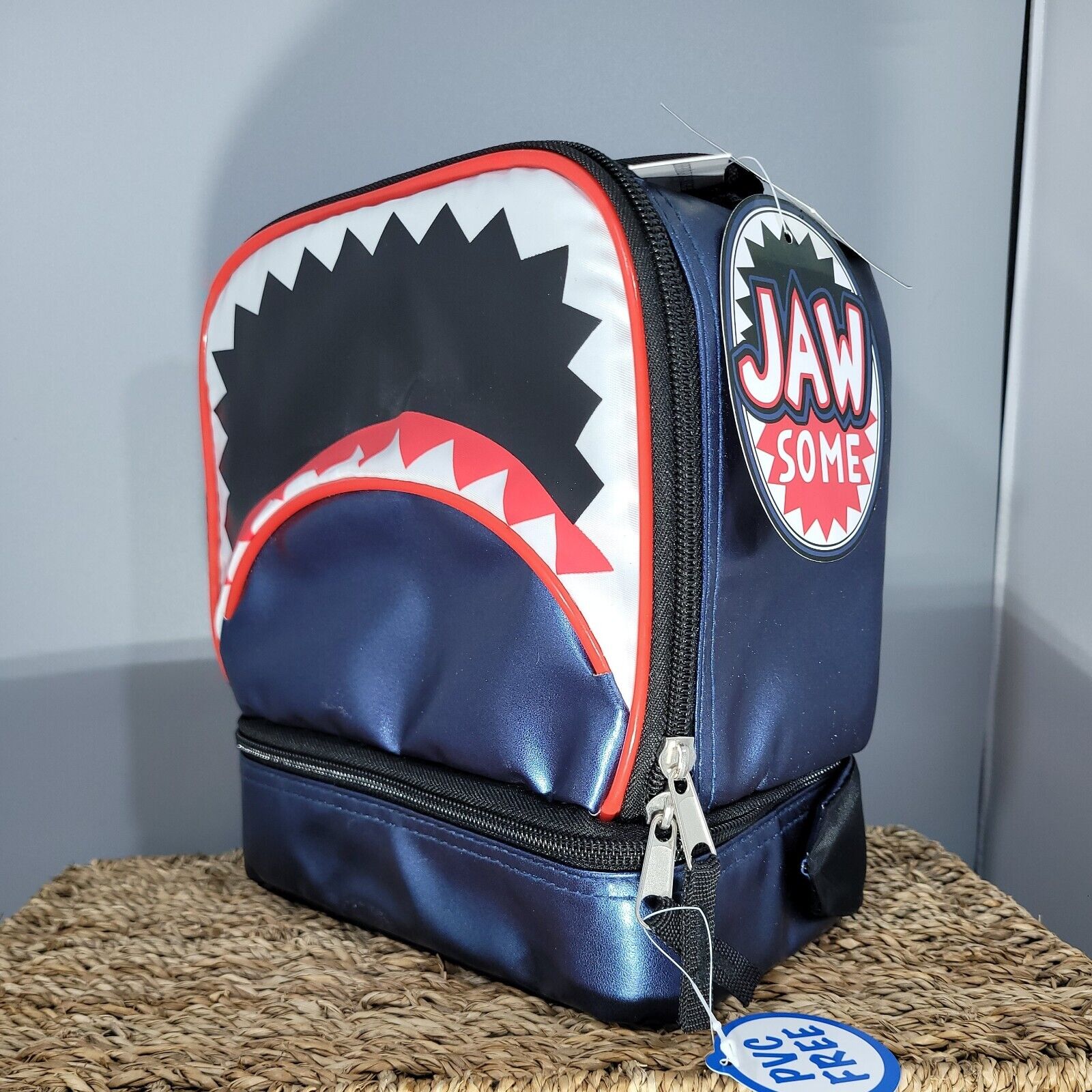 Pvc Free Insulated Zippered Dual Compartment Hungry Shark Lunch Bag - Blue