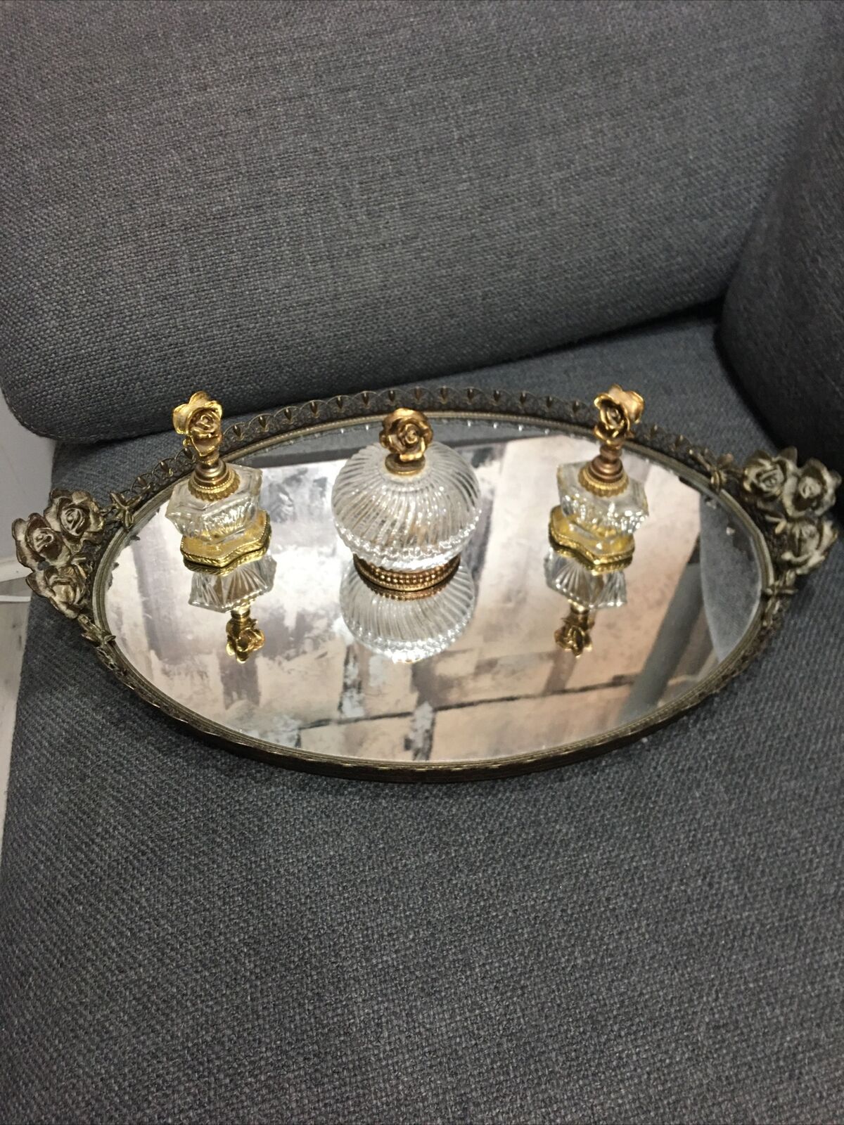 Stylebuilt Ormolu Vanity Set Mirrored Tray Trinket Box 2 Perfume Bottles
