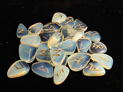 Opalite Engraved Rune Stone Set, With Runic Symbols Chart  And Cloth Bag