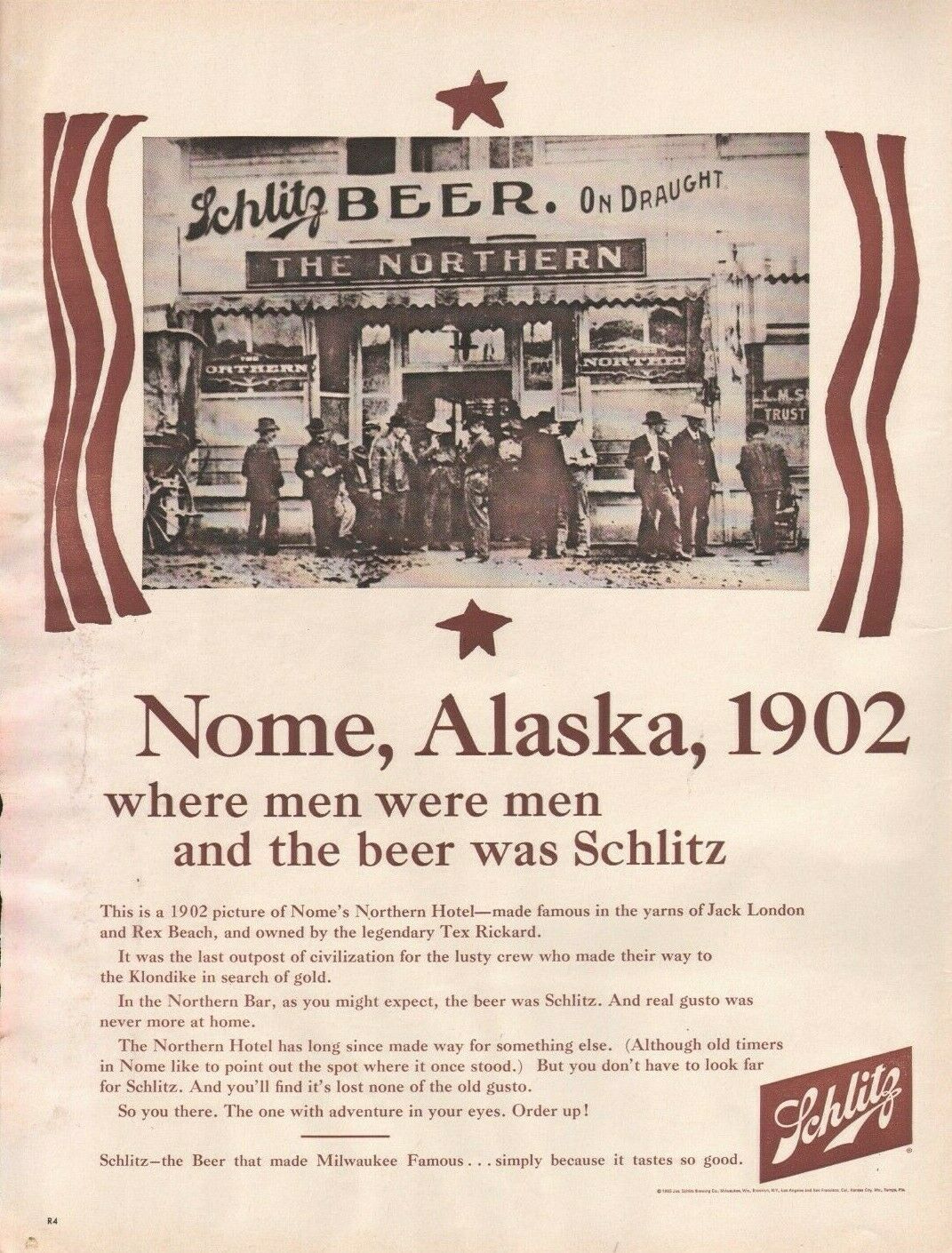 1965 Schlitz Beer Nome Alaska Northern Hotel 1902 - Vintage Advertisement