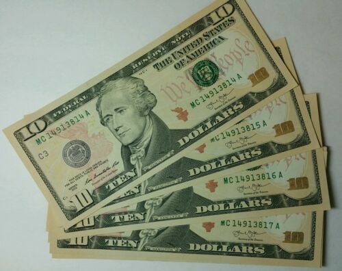 One New Uncirculated $10 Dollar Bills Bep Pack Sequential Serial Series 2013