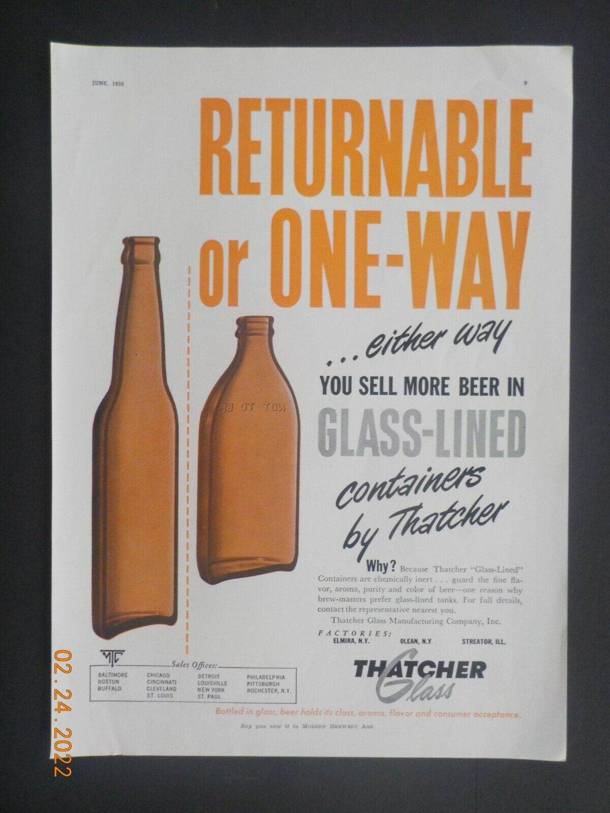 1950 Thatcher Glass Manufacturing Co Beer Bottle Print Ad Republic Steel Ohio