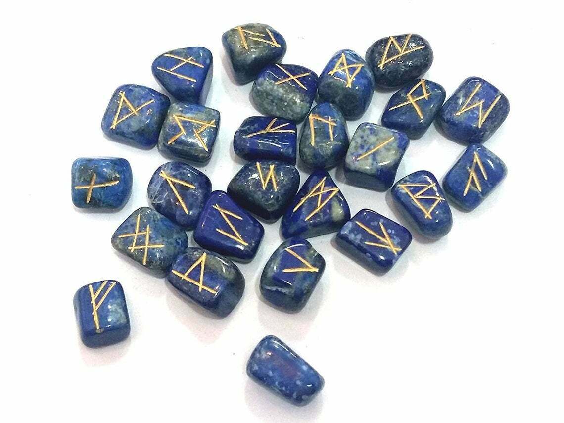 25 Pcs Lapis Lazuli Stone Engraved Rune Stones Set For Reiki Healing Chakra Bala