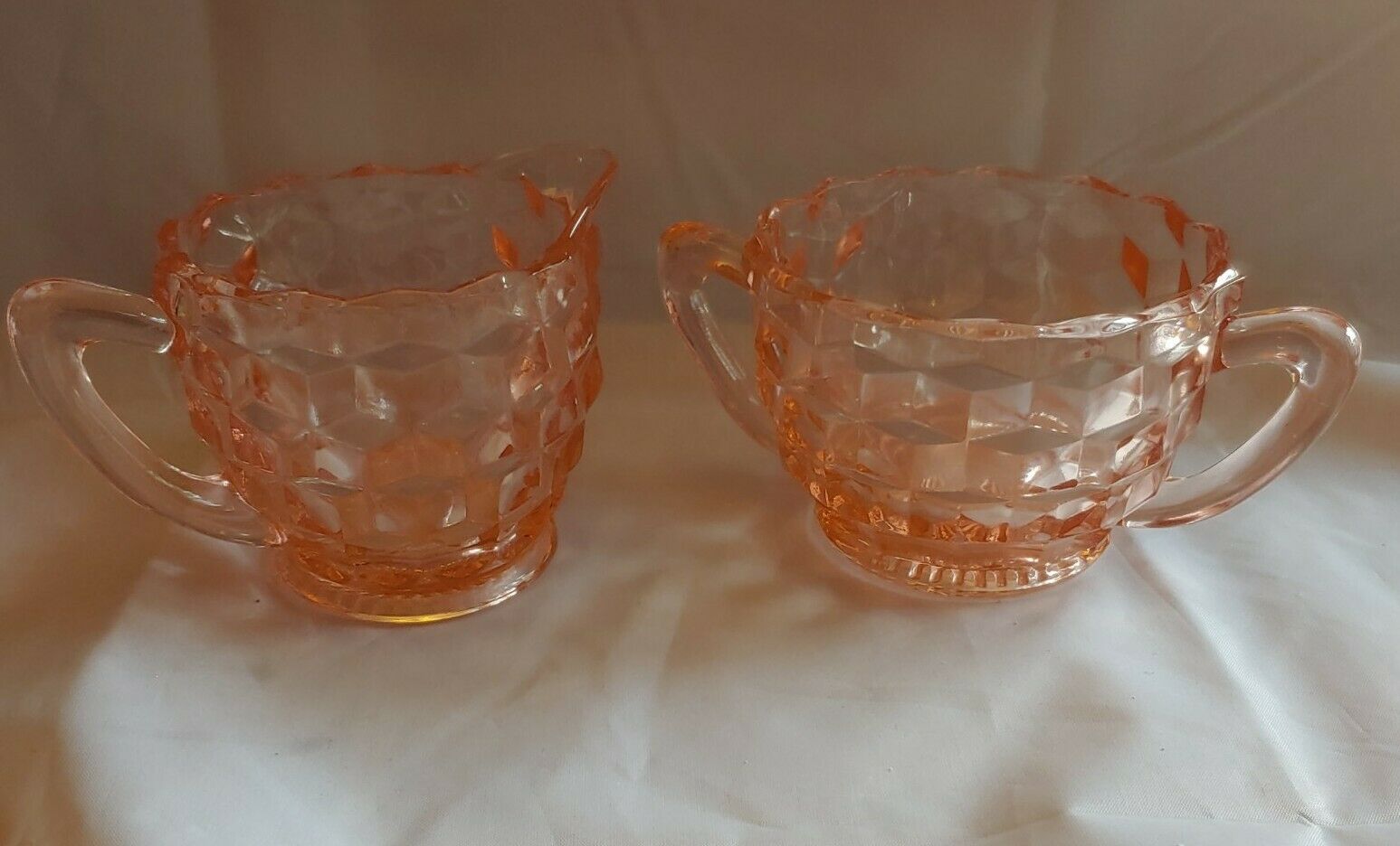 Vintage Jeanette Glass Pink Cubist Depression Glass Sugar Bowl & Creamer 1923-33