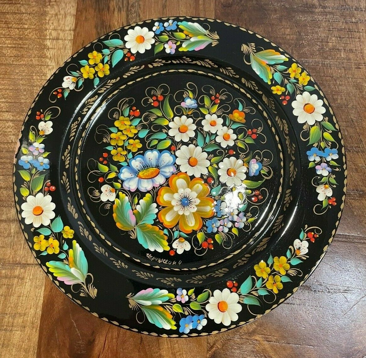 Russian Ukranian Folk Art Floral Lacquer 9" Plate W/hanger