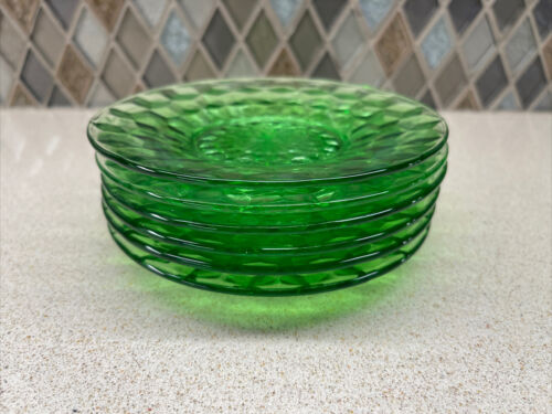 (6) Vintage Cube Or Cubist Green Depression Glass Plates