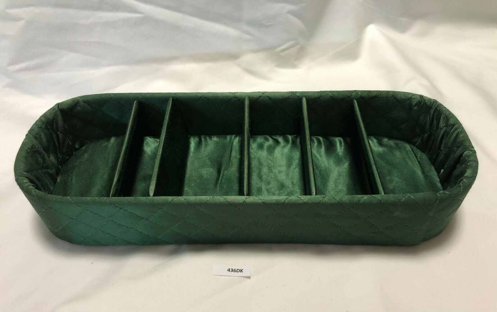 Vtg Dk Green Satin Quilted Divided Vanity Tray Trinket Box Jewelry Organizer 13"