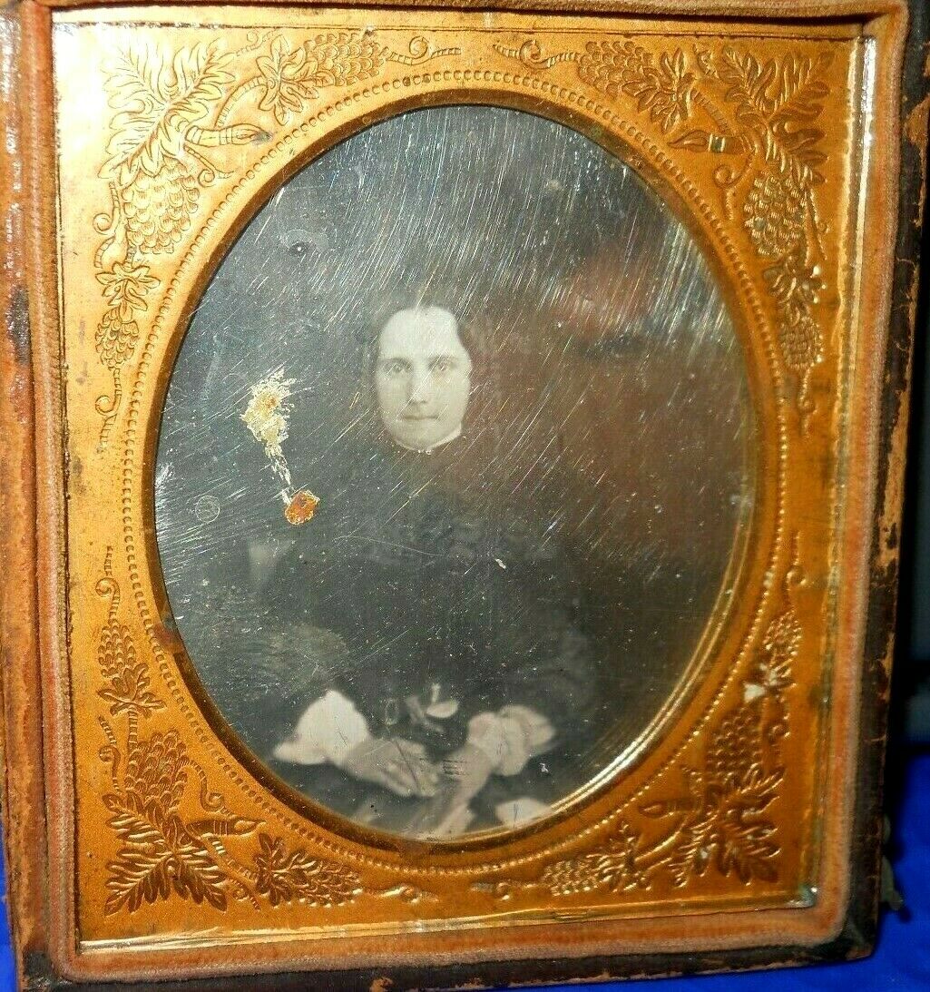 Very Faint 1/6th Size Daguerreotype Of Young Lady In Half Case