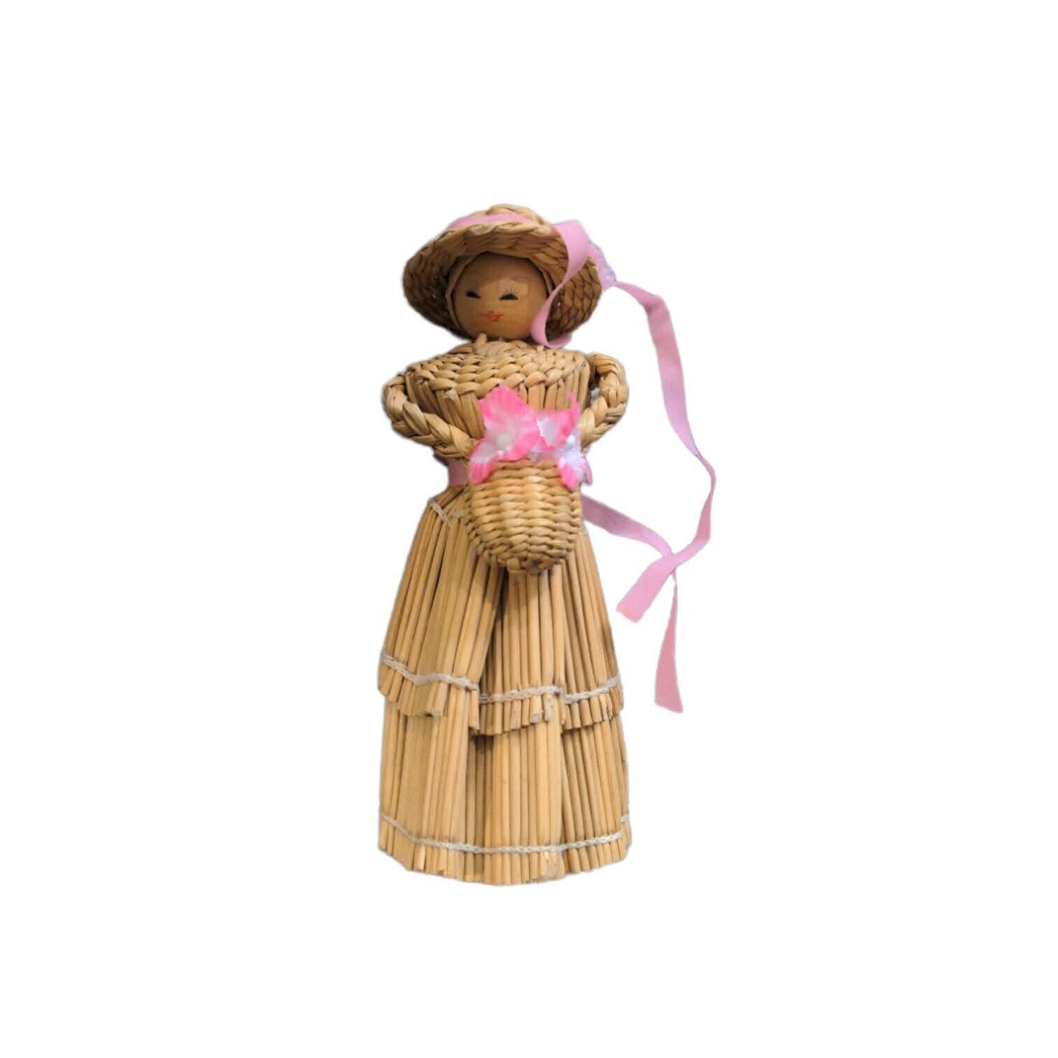 Vintage Japanese Handmade Straw Kokeshi Woman Doll Woven Pink Flower Braided