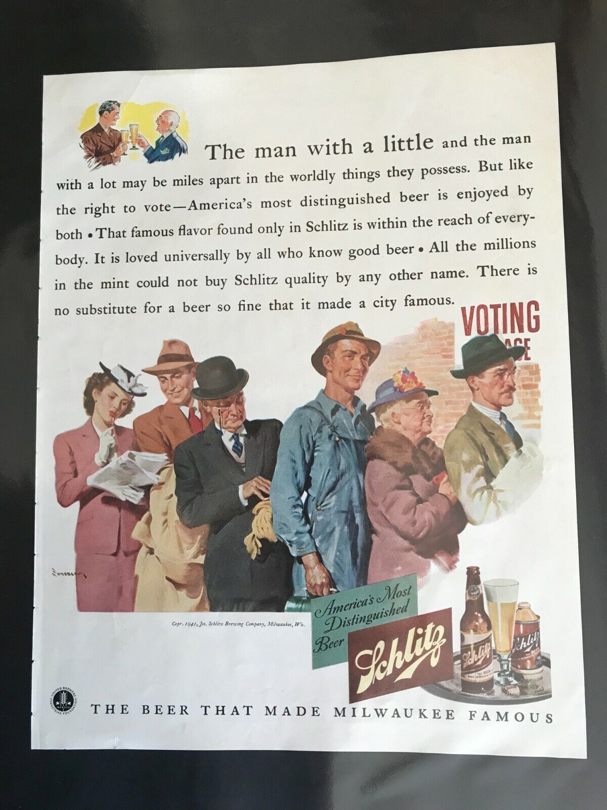 Schlitz Beer Voters In Line , Cone Top Can Shown , Original 1941 Ad