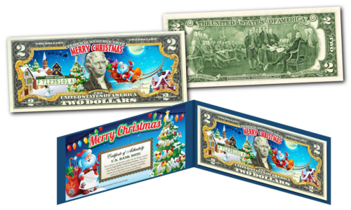 Merry Christmas * Santa Claus * Xmas Official Genuine Legal Tender U.s. $2 Bill