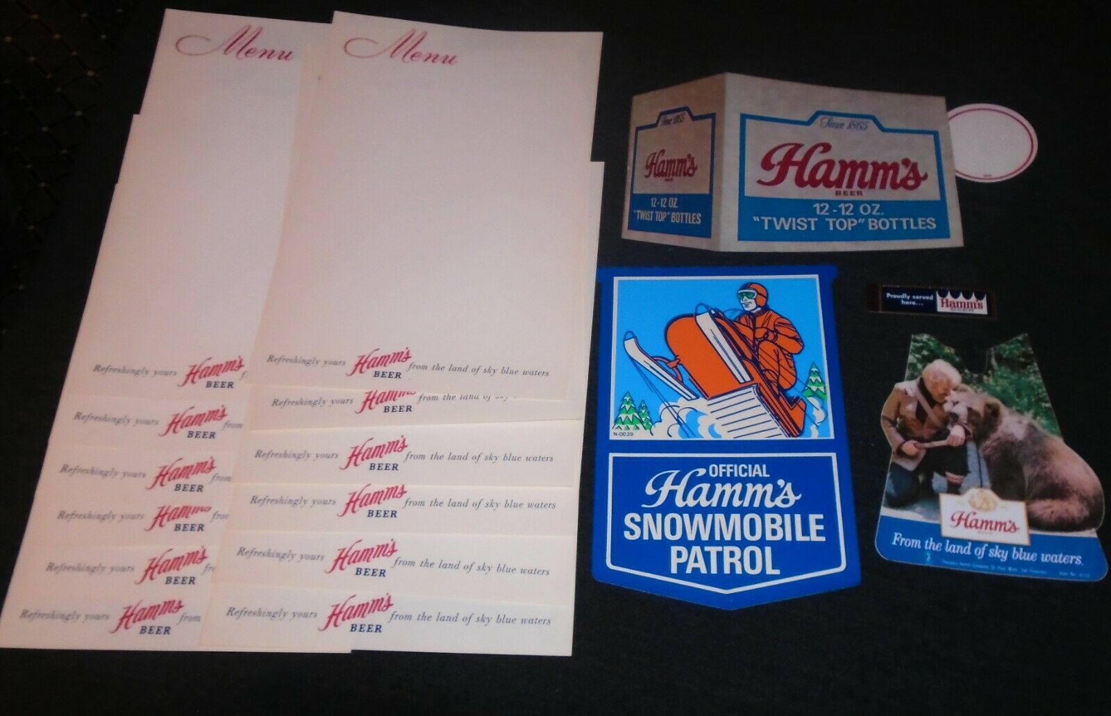 Cool Lot Of Hamm's Beer Snowmobile, 12 Pack Case, Sasha Bear Stickers, Menu Shts