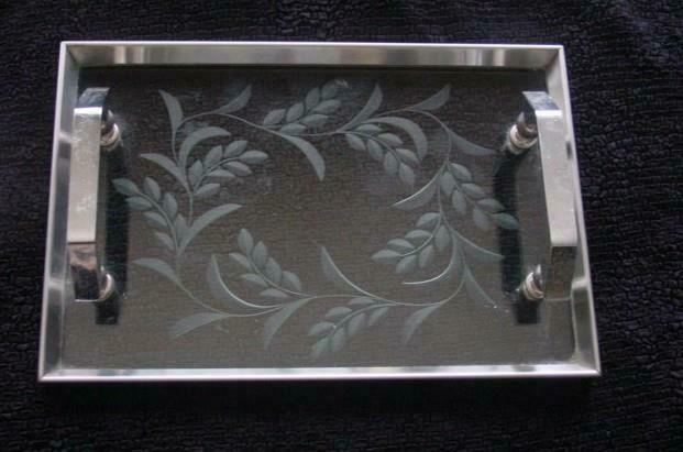 Vintage Carved Deep Etched Glass Chrome Handles Footed Vanity Serving Tray