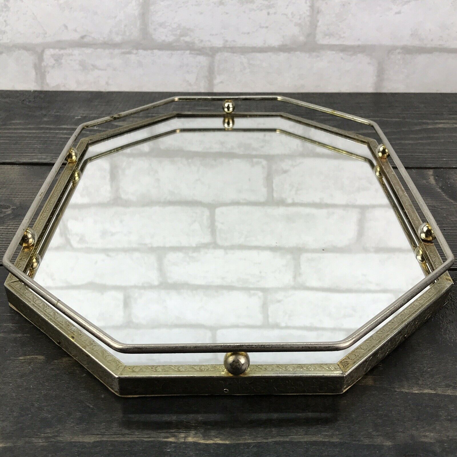 Vtg Octagonal Vanity Mirrored Tray With Patina