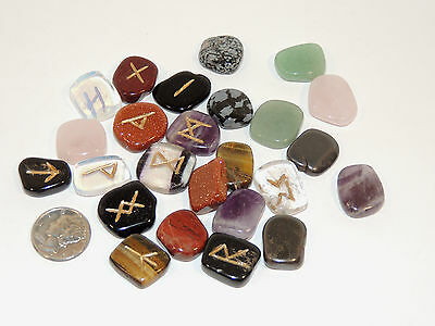 Mixed Engraved Rune Stone Set, With Runic Symbols Chart And Cloth Bag