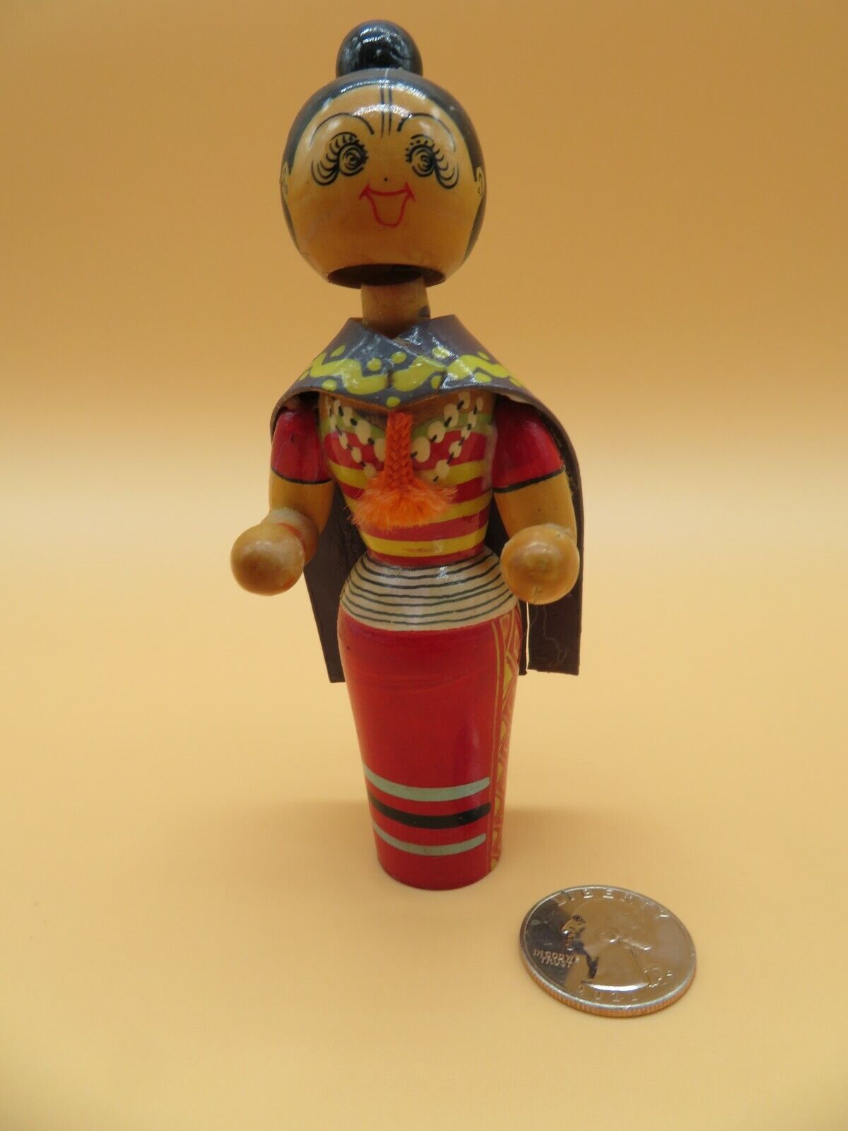 Vintage 1960's Hand Painted Asian Lady Wooden Bobble Head Wood Made In Japan