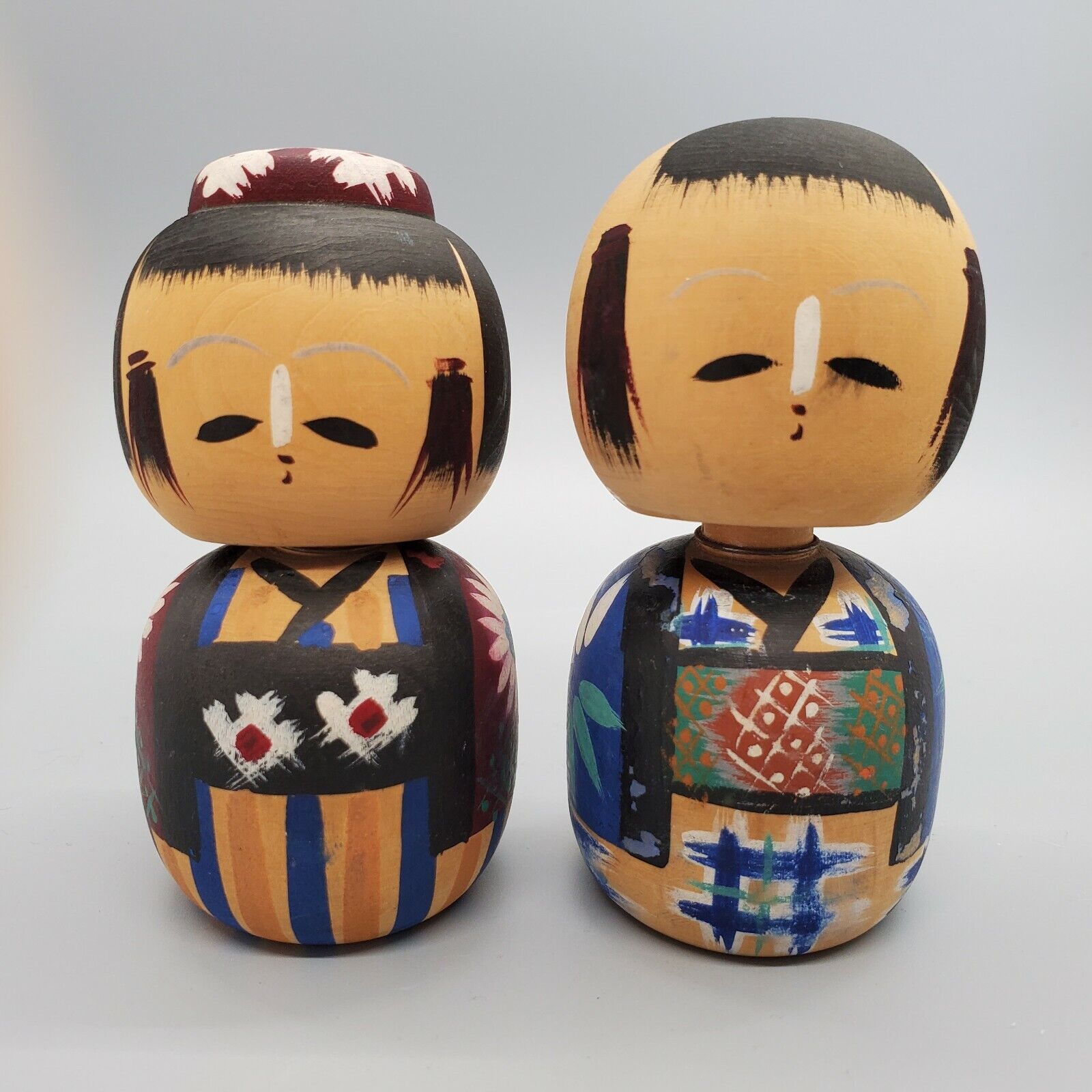 Japanese Kokeshi Bobble Head Nodder Dolls • Vintage Handpainted Wooden • Japan