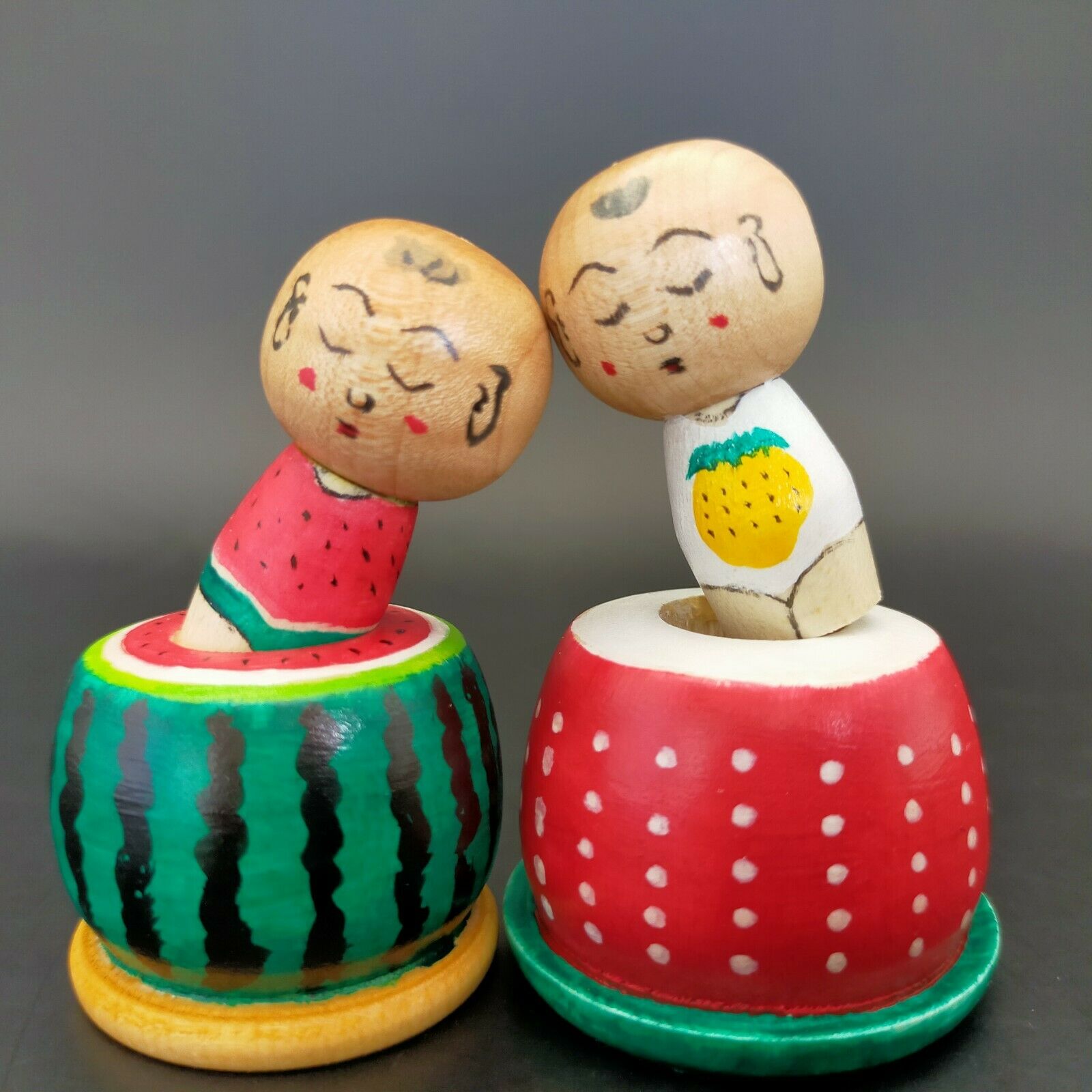Japanese Wooden Doll Pair Watermelon And Strawberry Kokeshi Nishiyama Toshihiko