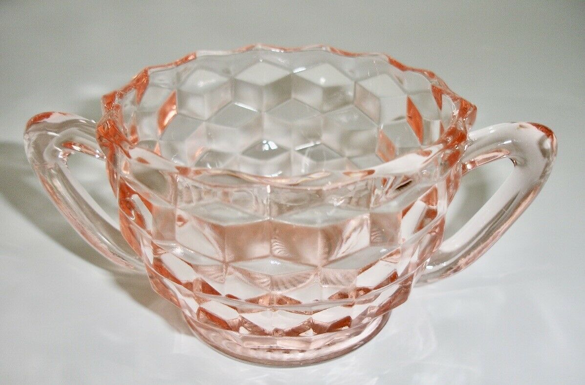 Vintage Clear  Pink Depression Glass "jeannette"  Sugar Bowl Cubist Design