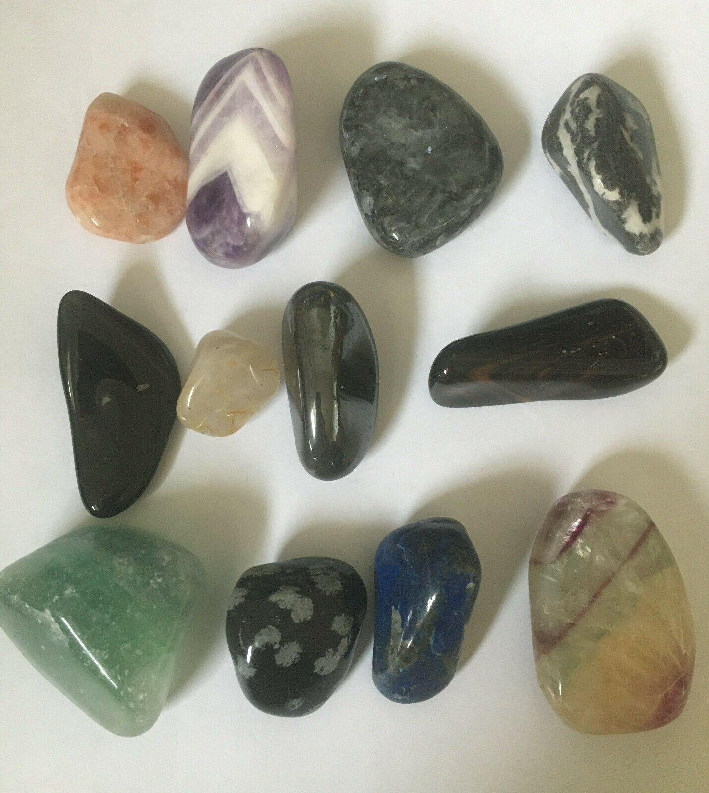 12 Tumbled Stone Lot / 331 Grams / Fluorite-hematite-larvakite-obsidian +++more