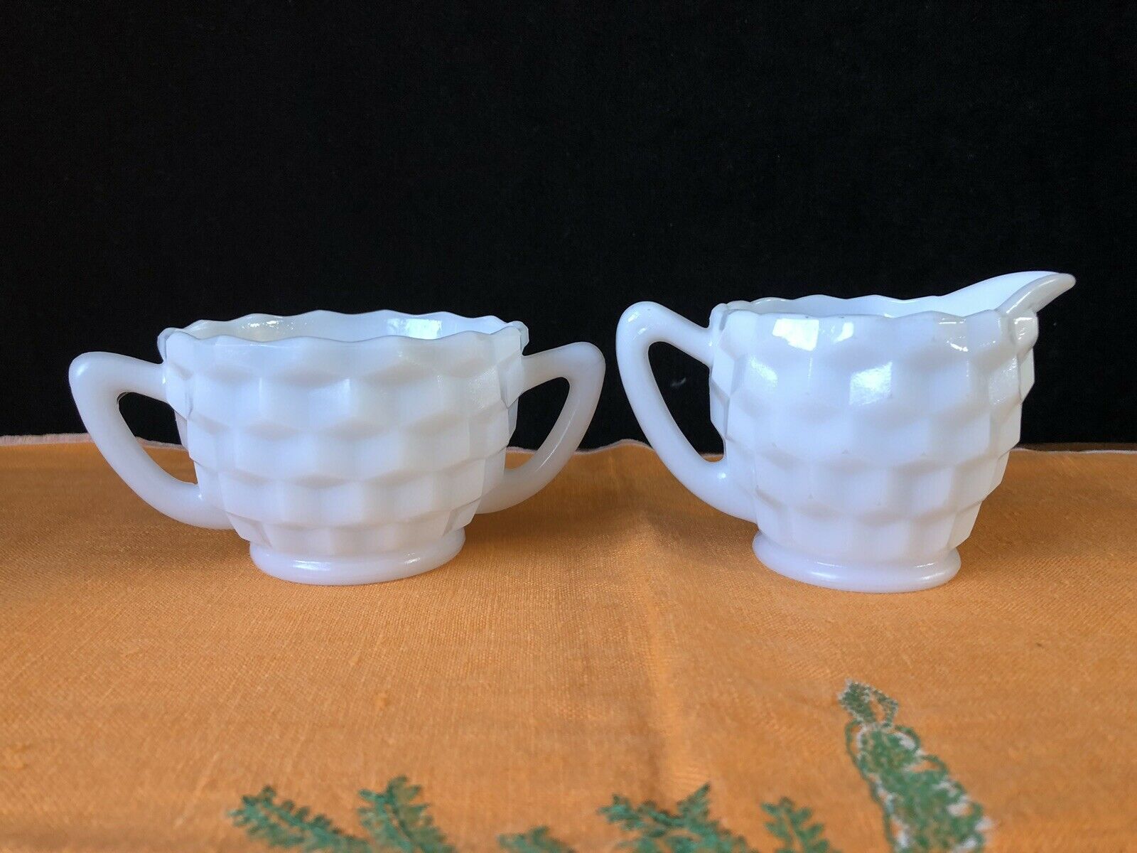 Vintage Jeanette  Cubist Cream And Sugar Bowl Set White Milk Glass