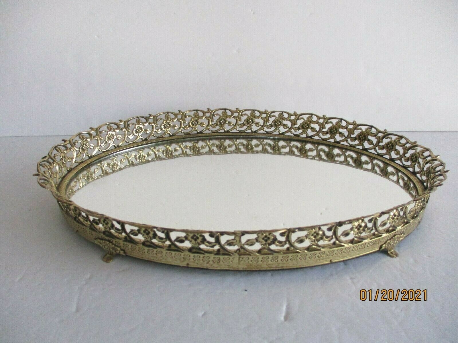 Large Oval Vanity Mirrored Tray Filigree Brass Perfume Makeup 14 X 10" - Footed