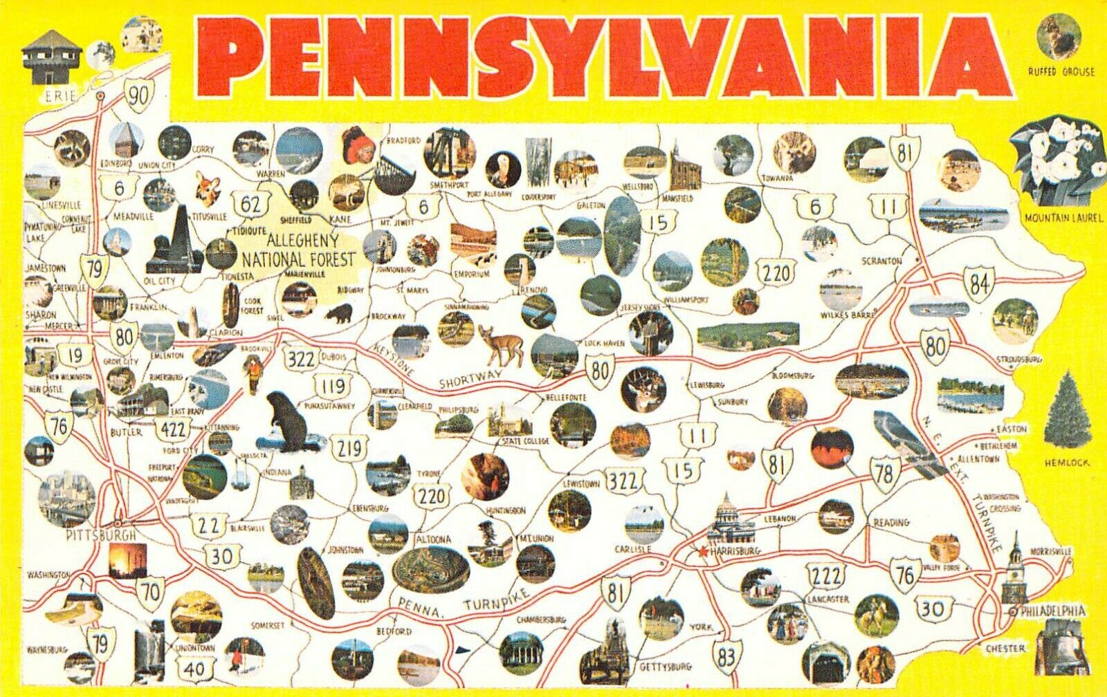 Pennsylvania State Map 1960s Tiny Photo Each Town Listed Vintage Postcard B66