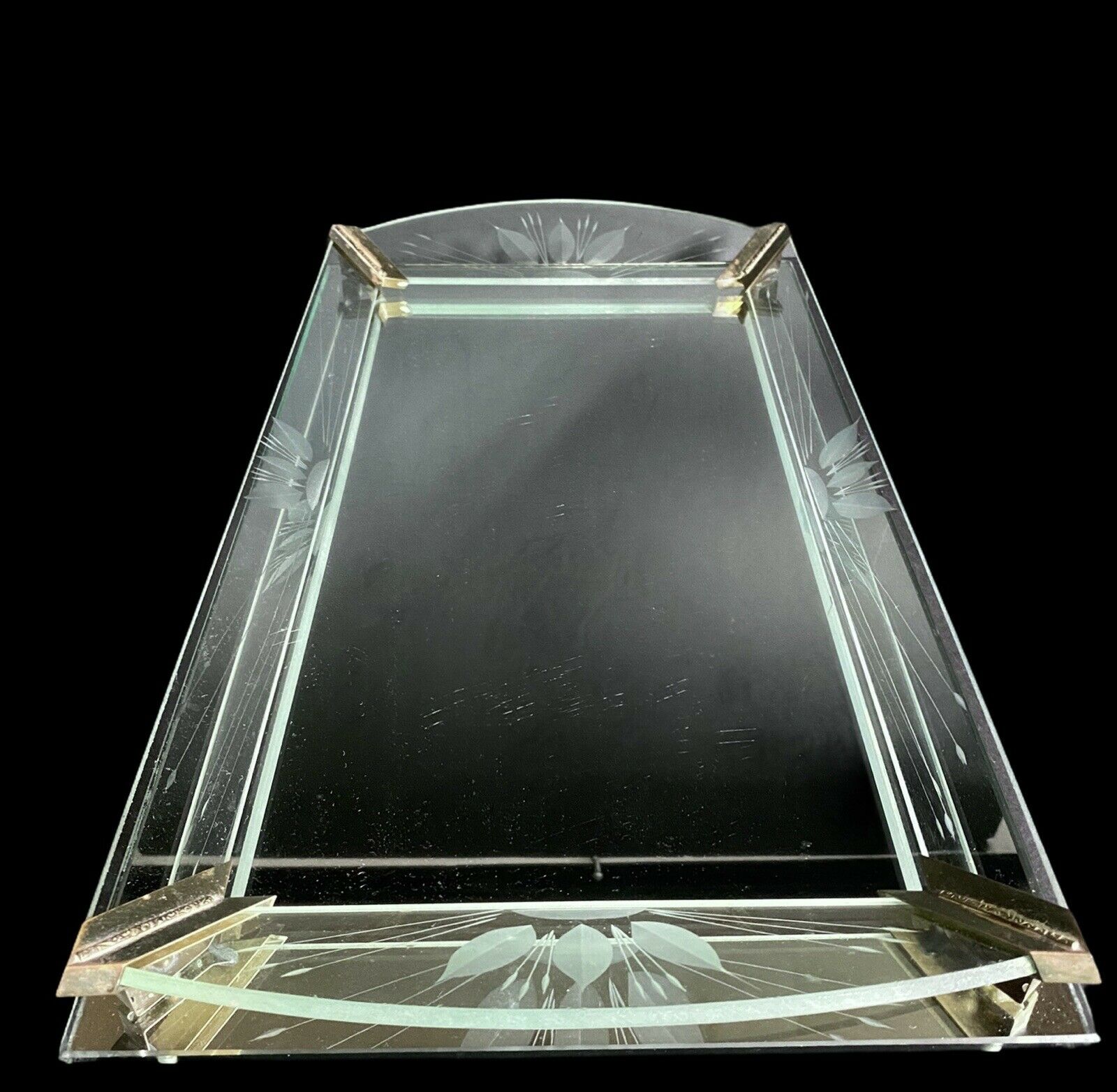 Art Deco Vanity Tray Mirror Etched Glass 19” Hollywood  Ornate Vtg Mid Century