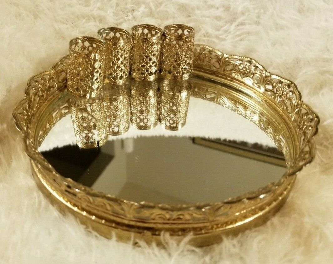 Vintage Unique Gold Filigree Mirrored Vanity Tray With 4 Roller Shaped Holders