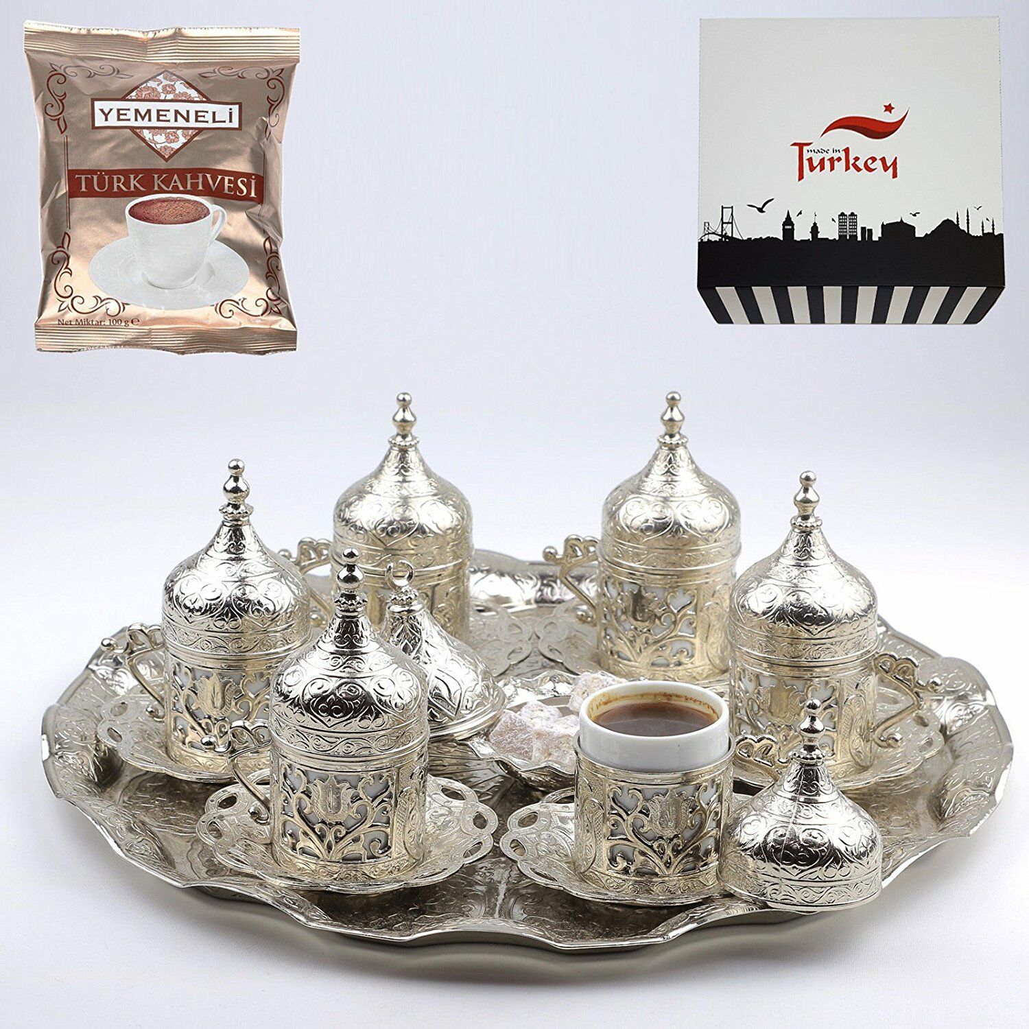 Set Of 6 Turkish Greek Arabic Coffee Espresso Serving Cup Saucer Silver Set