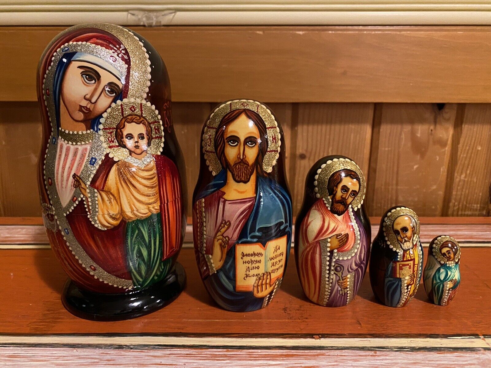 Set Of 5 Hand Painted Signed Russian Matryoshka Nesting Dolls Jesus Mary Joseph
