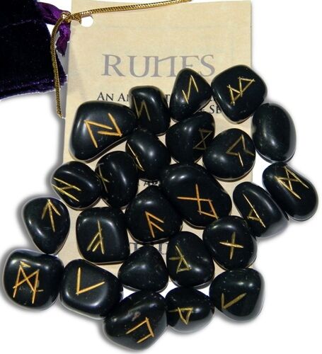 Black Agate Gemstone Rune Set With Pouch Wicca Pagan Runes