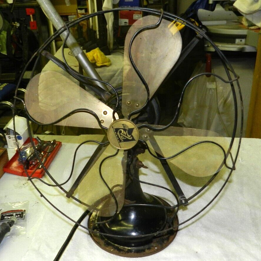 Antique R&m Electric Fan 4 Brass Blades Robbins & Myers Oscillating, Runs Good