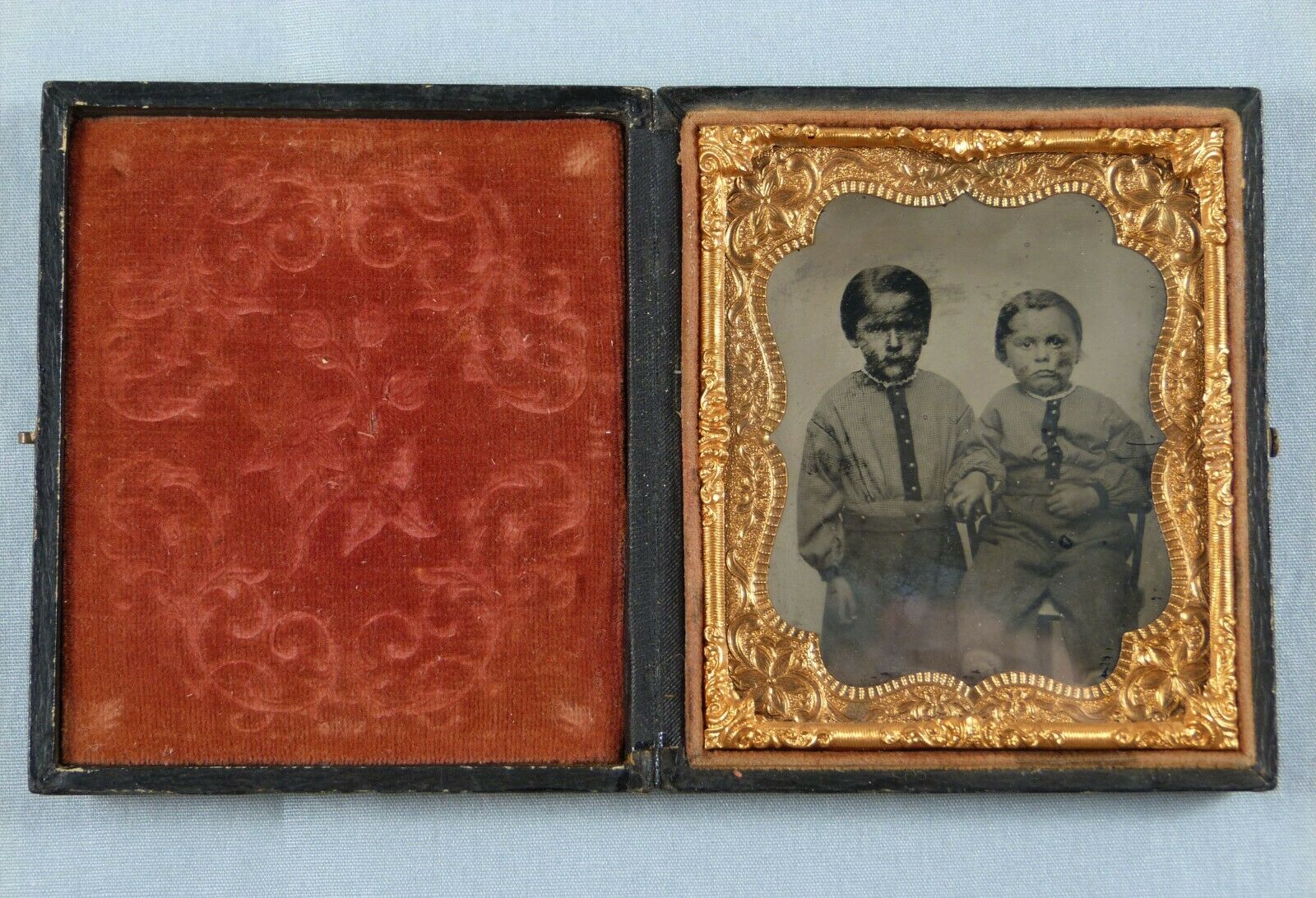 Ruby Ambrotype 1/6 Plate Photo Portrait 2 Boys In Case W/ Revenue Stamp ~1860s