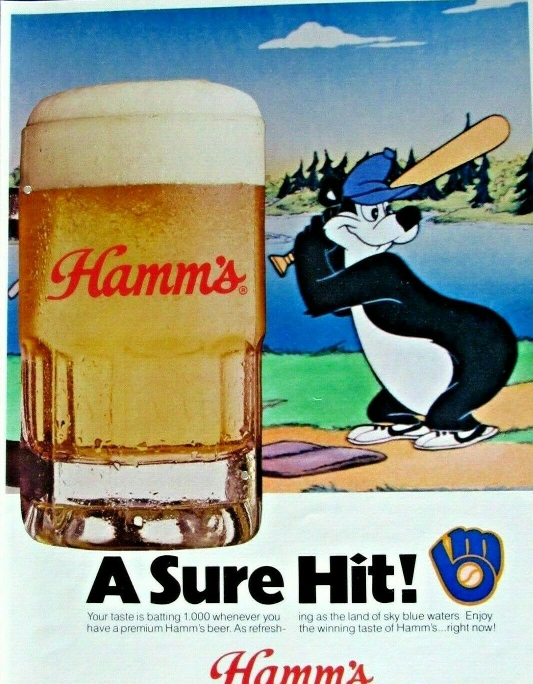 Hamm's Bear Score Big Baseball Hamm's 1980 Original Print Ad 8.5 X 11"