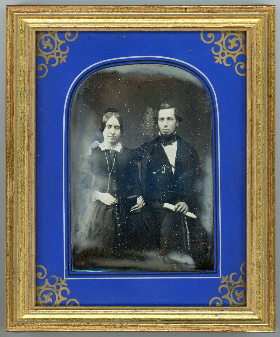 Rare Embellished Blue Paper Daguerreotype Mat And Half Plate Dag Of A Couple