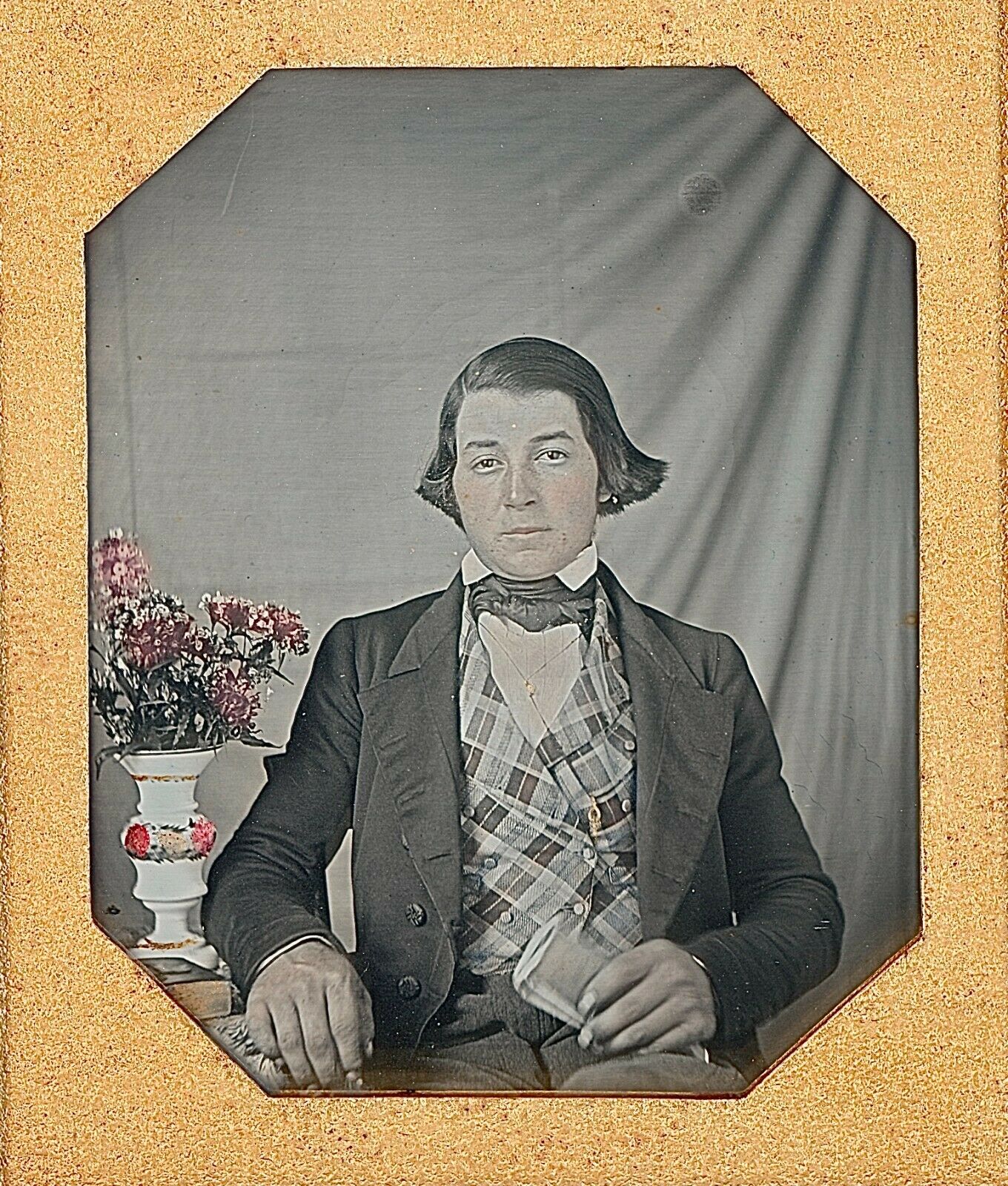 Wonderfully Tinted Long Haired Man Holding Paper 1/6 Plate Daguerreotype H615