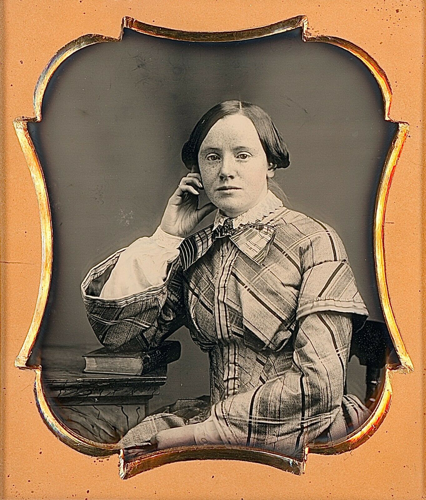 Nicely Posed Pretty Young Woman With Freckles Plaid 1/6 Plate Daguerreotype G866