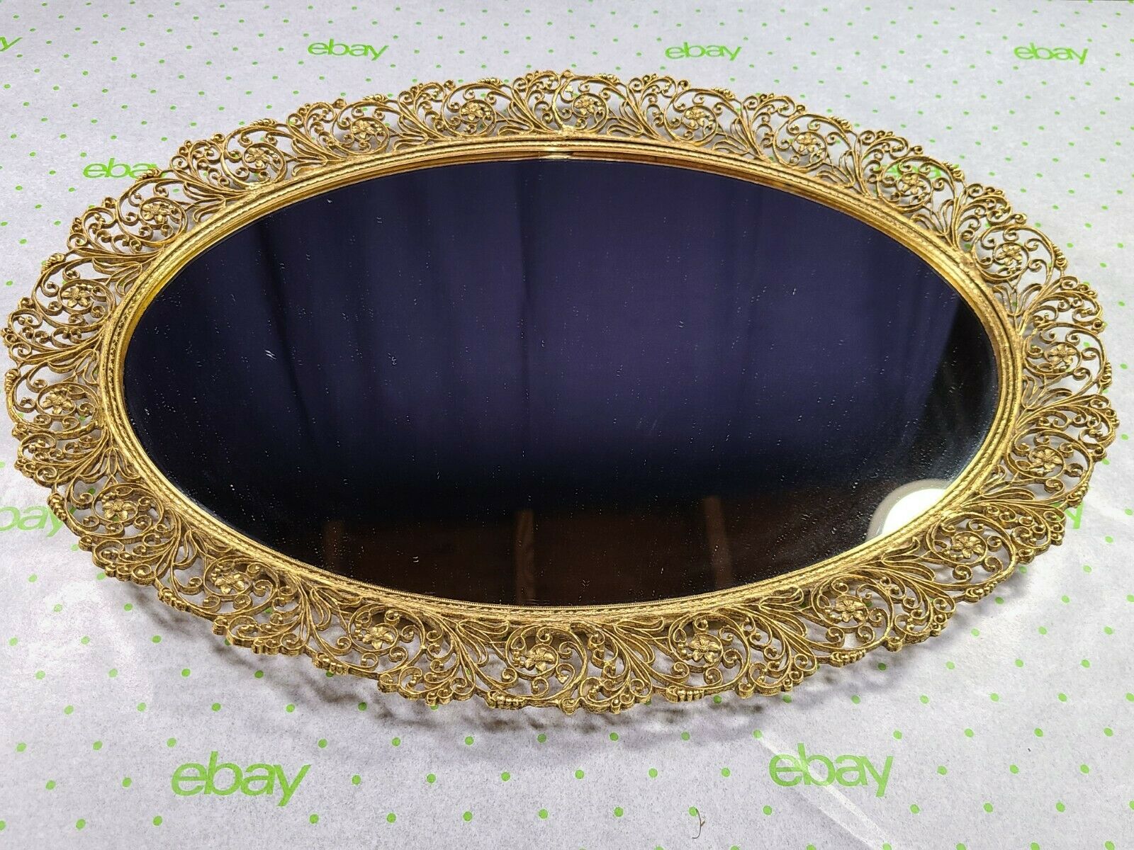 Vintage Signed Gold Tone Oval Matson Floral Vanity Mirror Filigree Ormolu Tray