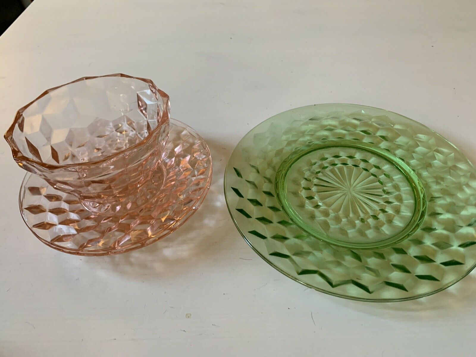 Pink Jeanette Depression Cubist Glass Fruit Berry Bowl & Plates & 1 Green Plate