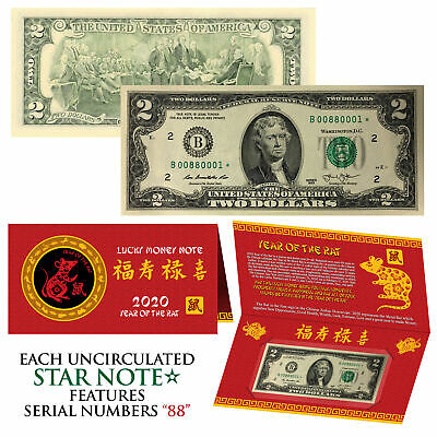 2020 Star Note Lunar Year Of The Rat Lucky Money $2 Us Bill W/ Red Folder S/n 88