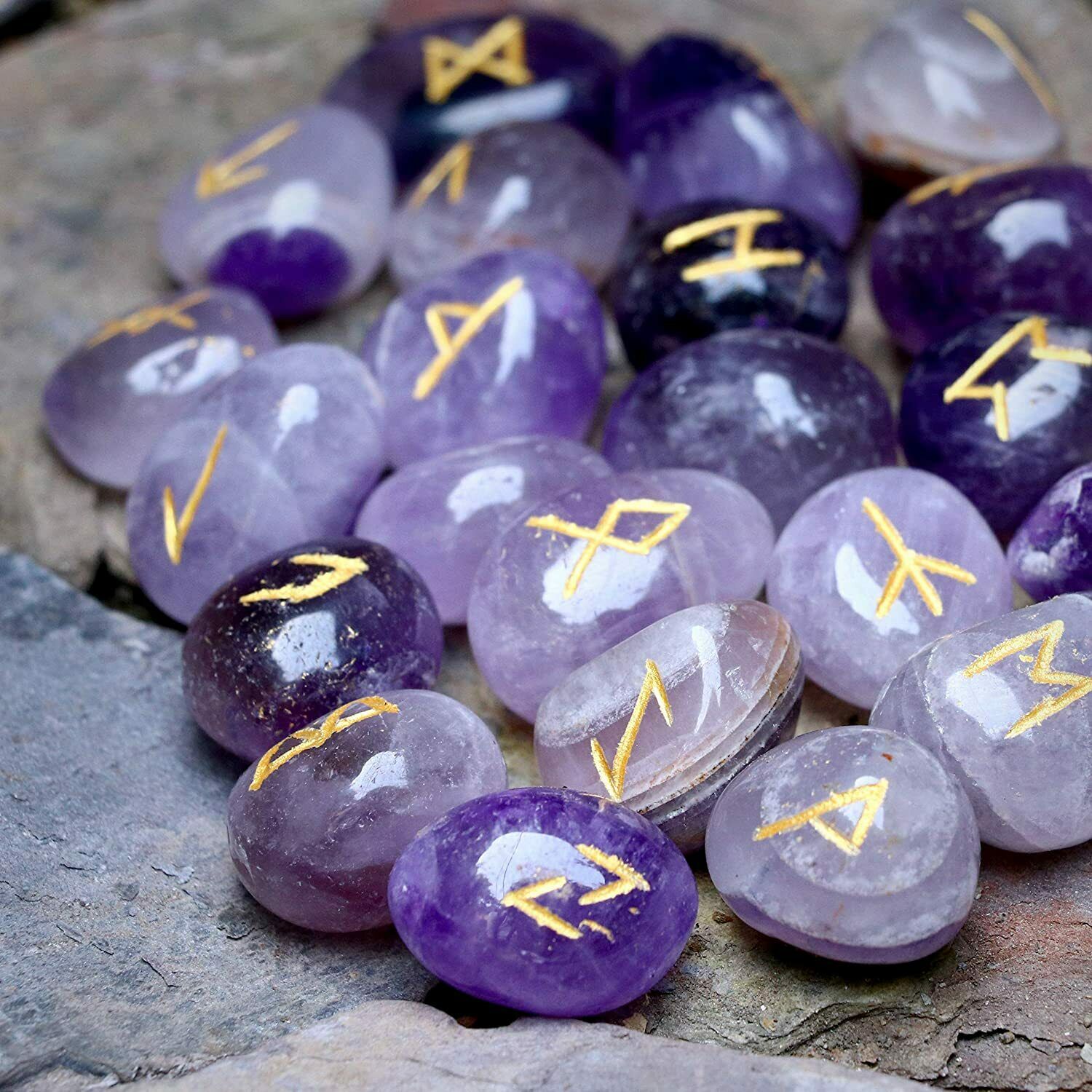 Amethyst Gemstone Runes Stones Set With Elder Futhark Alphabet Engraved Symbol