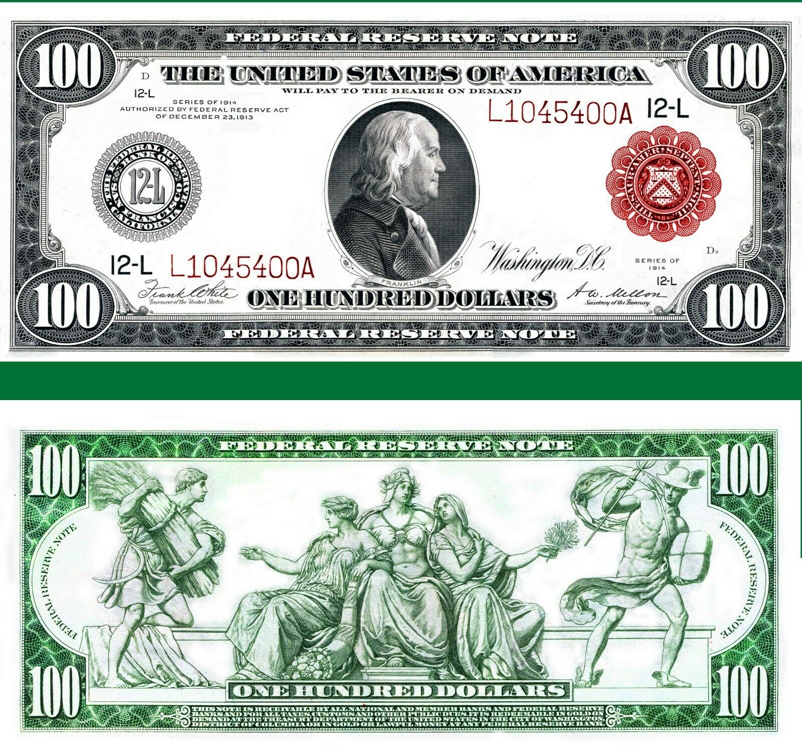 Reproduction Us $100 Dollar Bill, Series 1914 Large Size With Red Seal/hi-res