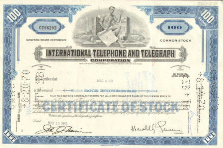 International Telephone Telegraph Itt Stock Certificate