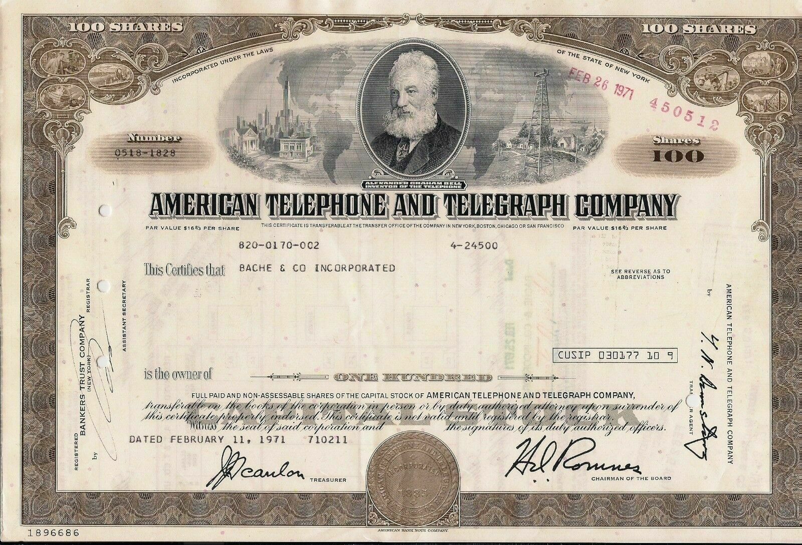 Stock Certificate American Telephone & Telegraph Company. (at &t) 100 Shares
