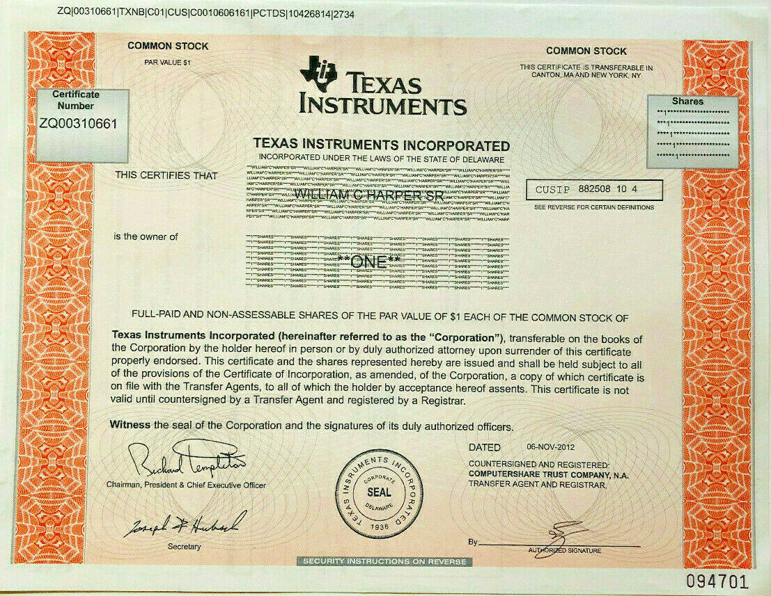 Texas Instruments > Semiconductor Tech Company Stock Certificate