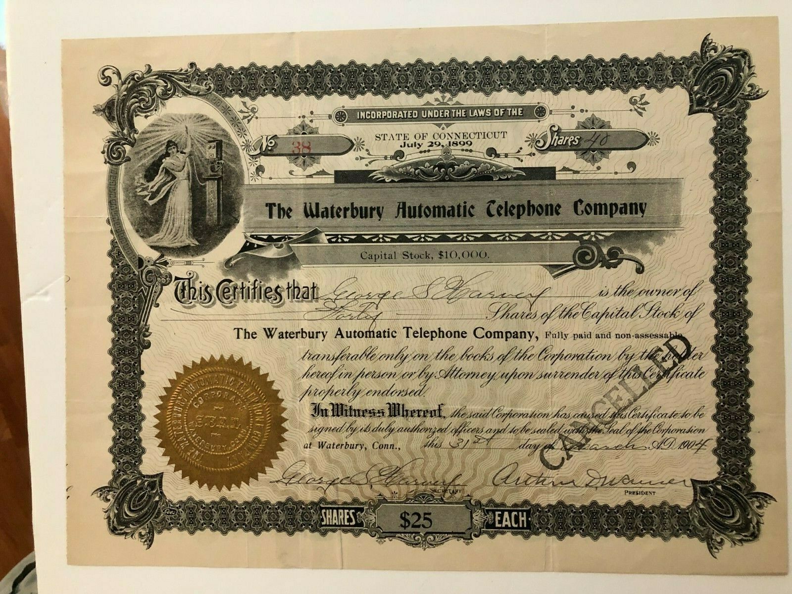 1904 Waterbury Automatic Telephone Co. Stock Certificate, Connecticut
